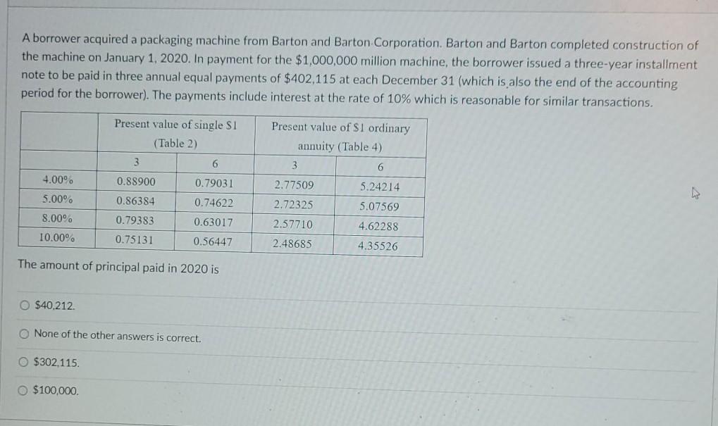  A borrower acquired a packaging machine from Barton and Barton Corporation.