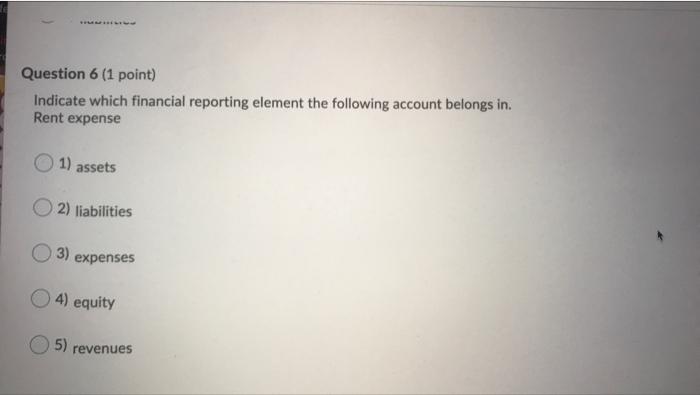  plese answer all Question 6 (1 point) Indicate which financial reporting