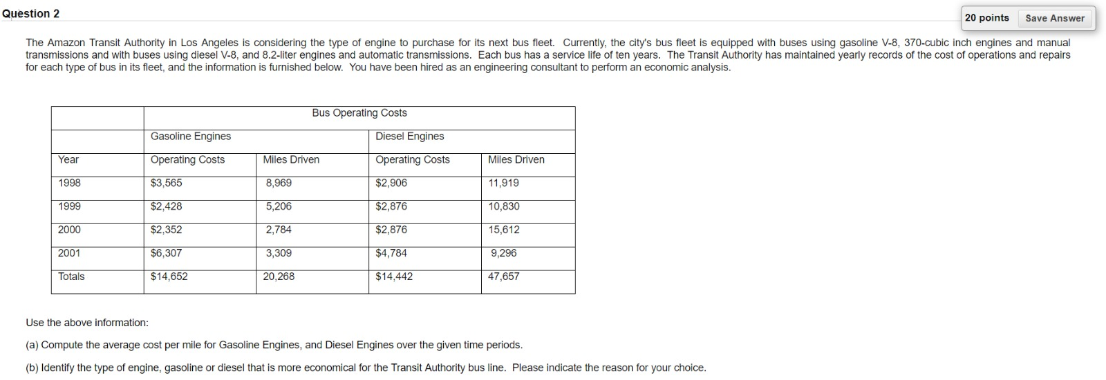  Question 2 20 points Save Answer The Amazon Transit Authority in