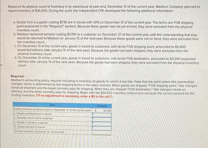 please fill out the chart Based on its physical count of Inventory