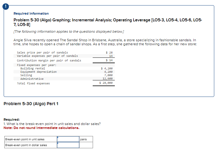  (1) Requlred Information Problem 5-30(Algo) Graphing; Incremental Analysis; Operating Leverage [LO5-3,