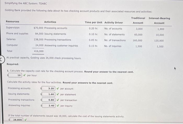 please help! 6 Simplifying the ABC System: TDABC Golding Bank provided the