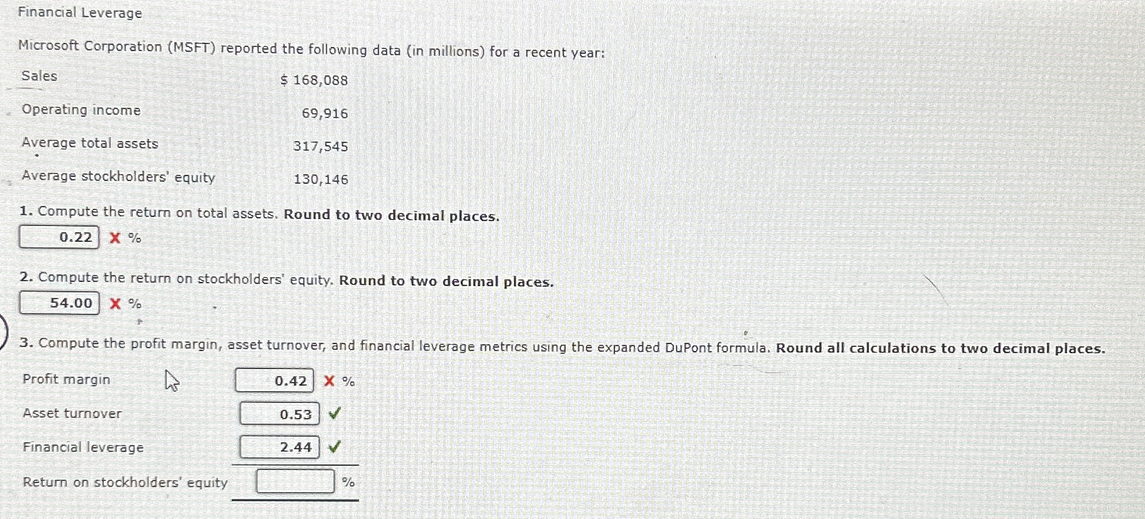  Financial Leverage Microsoft Corporation (MSFT) reported the following data (in millions)