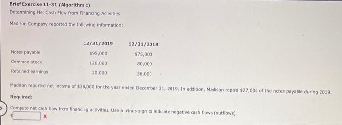  Brief Exercise 11-31 (Algorithmic) Determining Net Cash Flow from Financing Activities