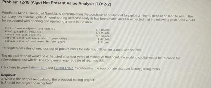  Problem 12-16 (Algo) Net Present Value Analysis (L012-2] Windhoek Mines Limited,