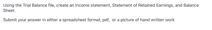  Using the Trial Balance file, create an Income statement, Statement of