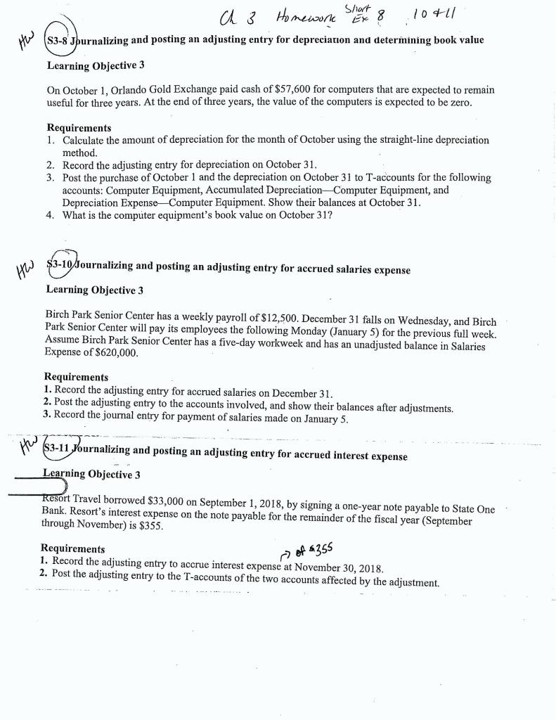  Chapter 3: Short Exercises 8, 10 & 11 Ch 3 Homework