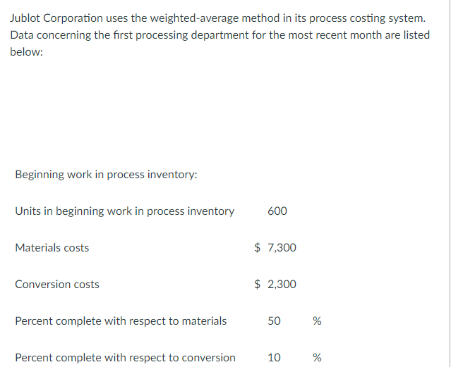 Jublot Corporation uses the weighted-average method in its process costing system.