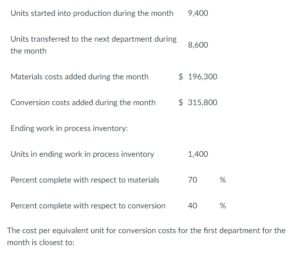 Data concerning the first processing department for the most recent month are