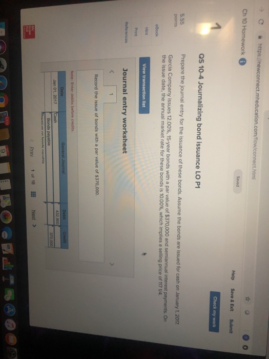  Ch 10 Homework Help Save &Exit Submit QS 10-4 Journalizing bond