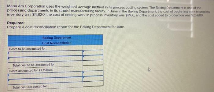 please help asap Maria Am Corporation uses the weighted-average method in its