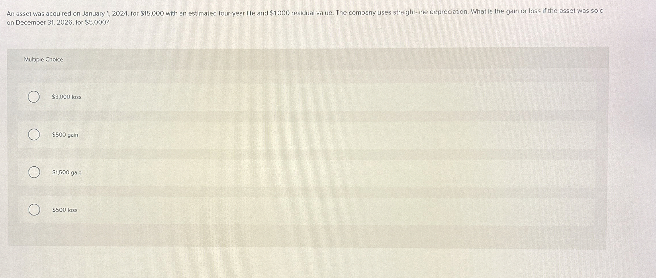  on December 31,2026, for $5,000? Multiple Choice $3,000 loss $500 gain