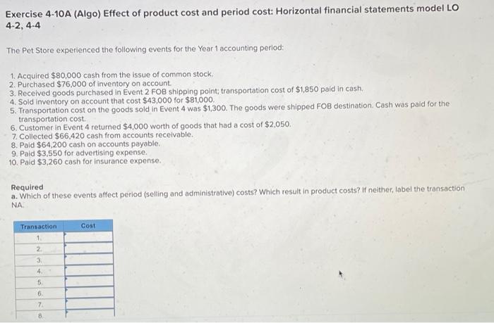 stuck on this question, any help is appreciated! Exercise 4-10A (Algo) Effect