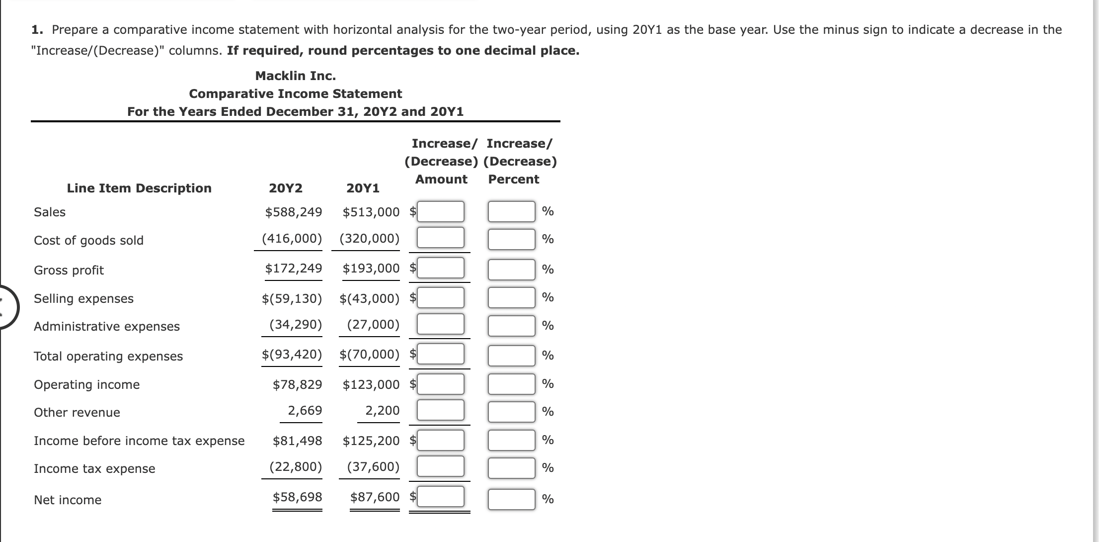 analysis of income statement For 20Y2, Macklin Inc. reported a significant decrease