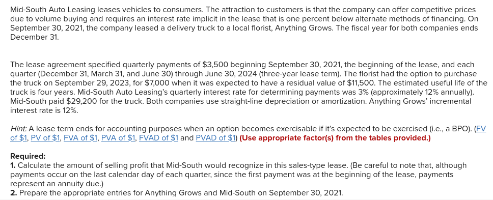 please ill out this table below. Mid-South Auto Leasing leases vehicles to