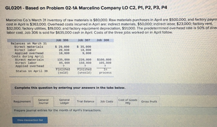  GLO201 - Based on Problem 02-1A Marcelino Company LO C2, P1,
