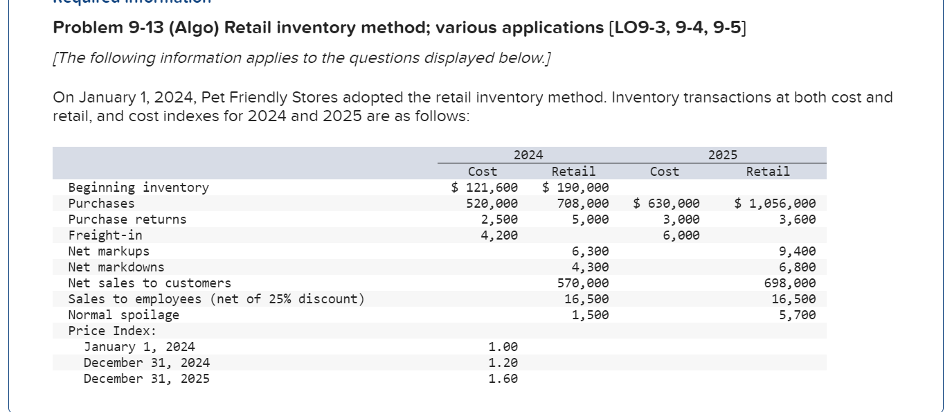  Problem 9-13(Algo) Retail inventory method; various applications [LO9-3,9-4,9-5] [The following information