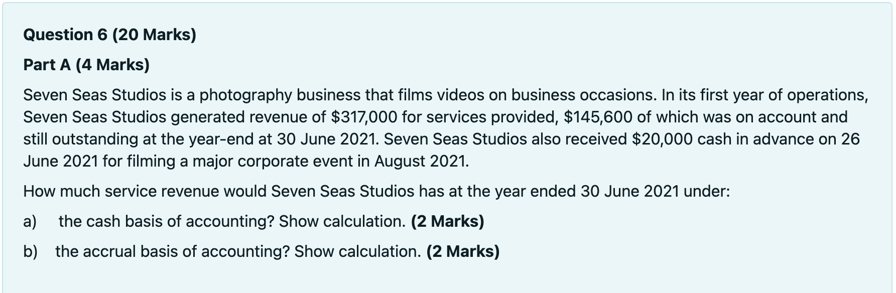  Question 6 (20 Marks) Part A (4 Marks) Seven Seas Studios