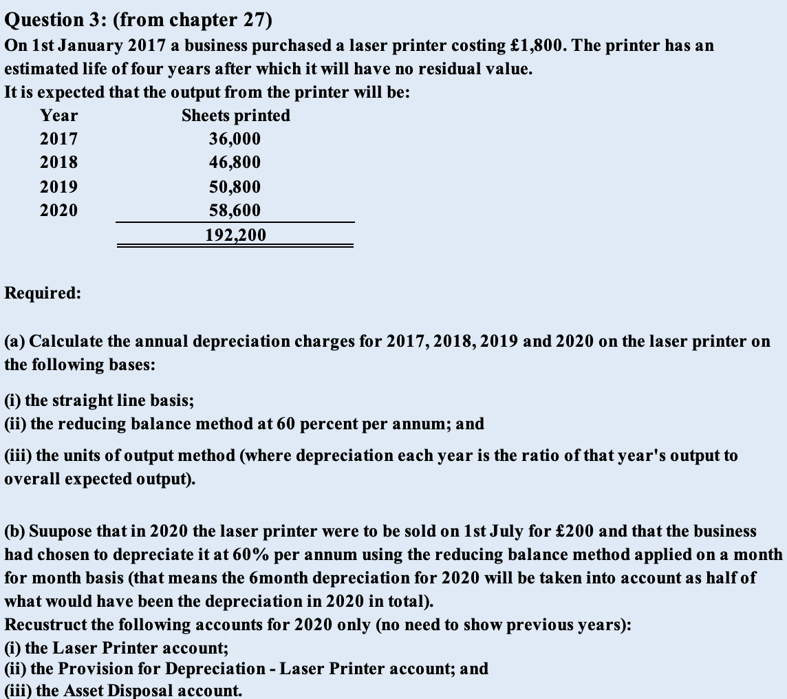 Question 3: (from chapter 27) On 1 st January 2017 a