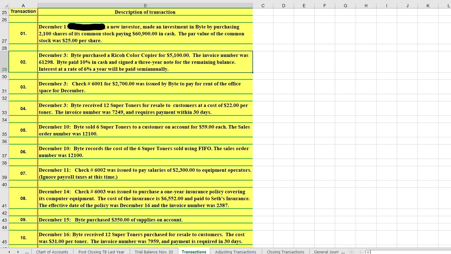 Create a general journal for each transaction D E F G H