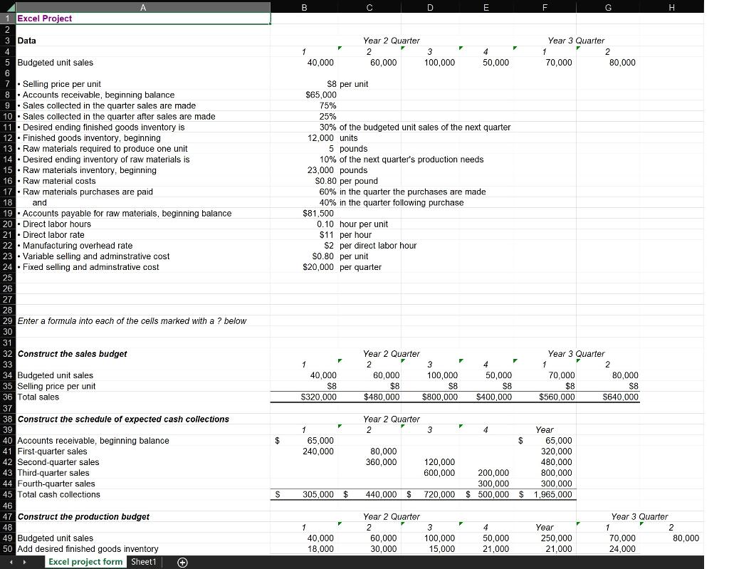 I need the excel formulas for the cells with question marks, please!