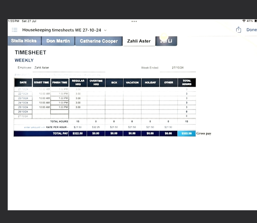  1:55 PM Sat 27 Jul 41% : Housekeeping timesheets WE 27-10-24