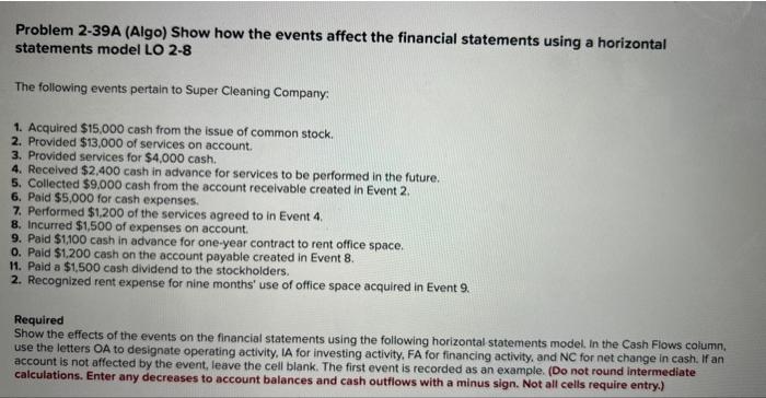  Problem 2-39A (Algo) Show how the events affect the financial statements