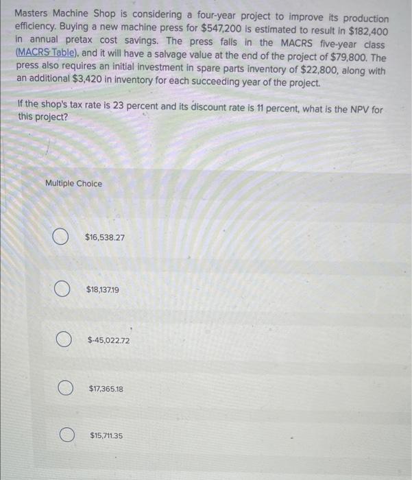 multiple choice finance question Masters Machine Shop is considering a four-year project