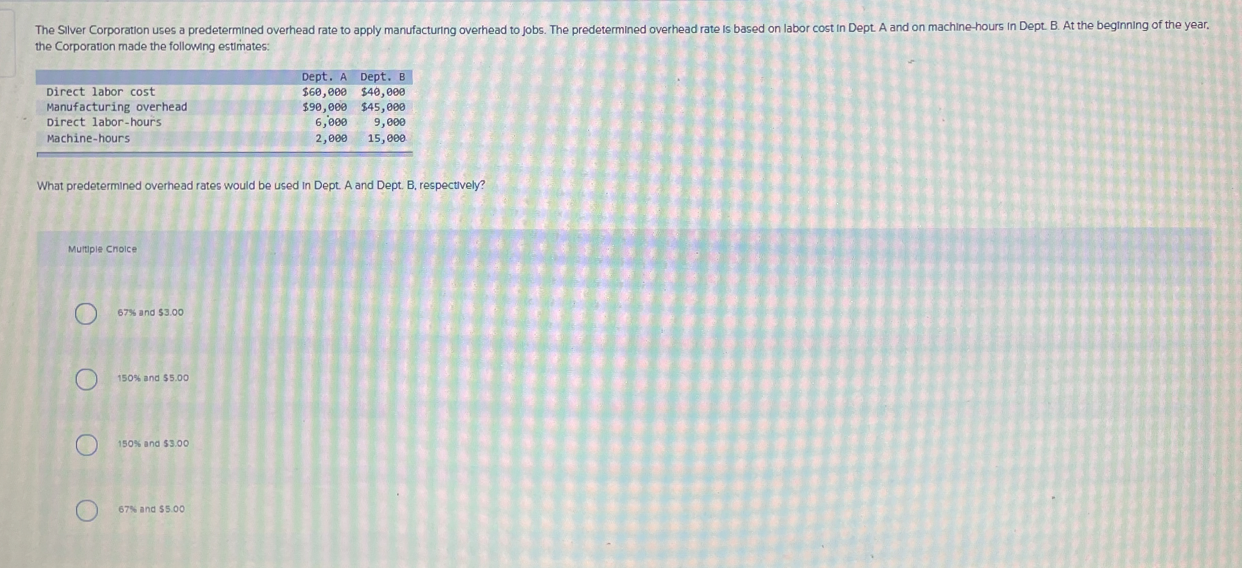  the Corporation made the following estimates: \table[[,Dept. A,Dept. B],[Direct labor cost,$60,000,$40,000
