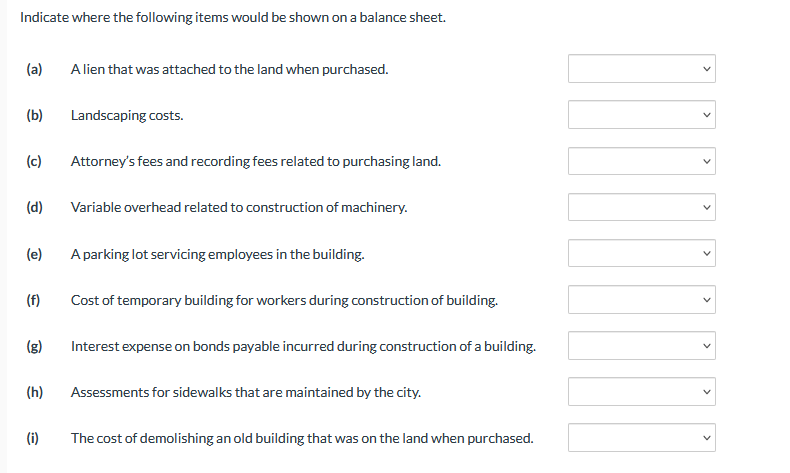 Indicate where the following items would be shown on a balance