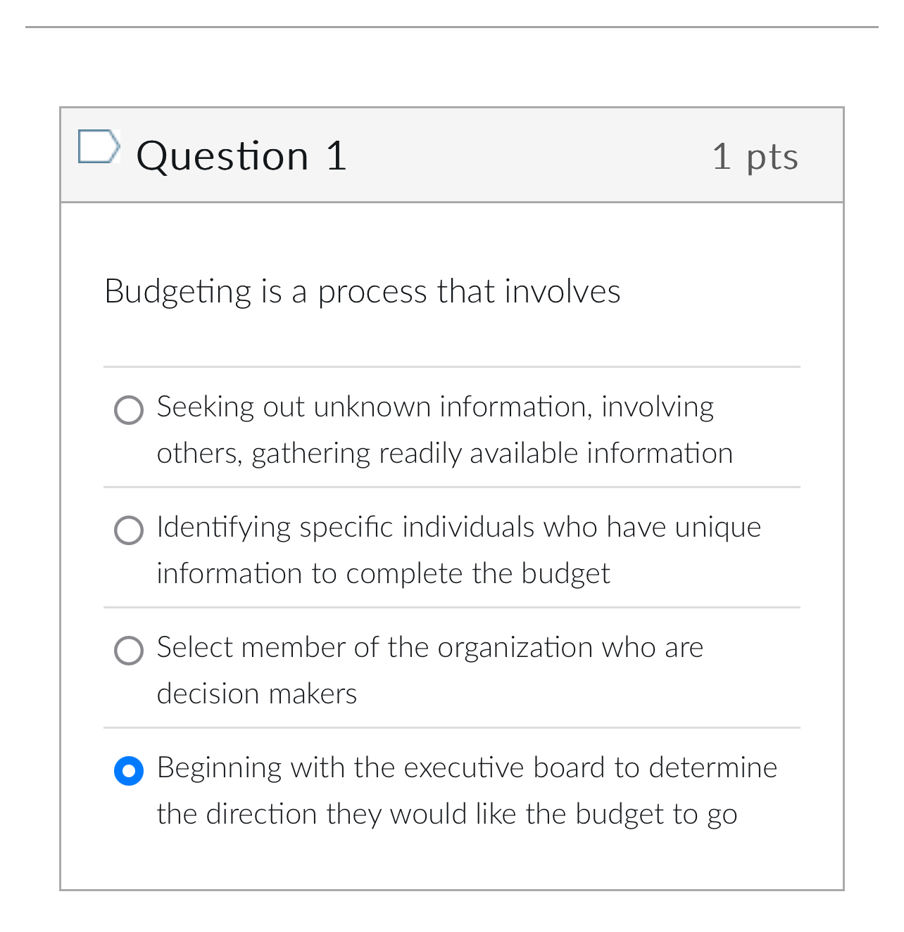  Question 1 1 pts Budgeting is a process that involves Seeking