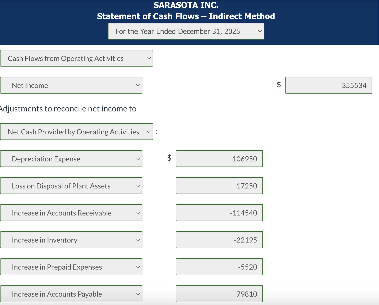 Increase in Prepaid Expenses 5520 Increase in Accounts Payable 79810 Increase in
