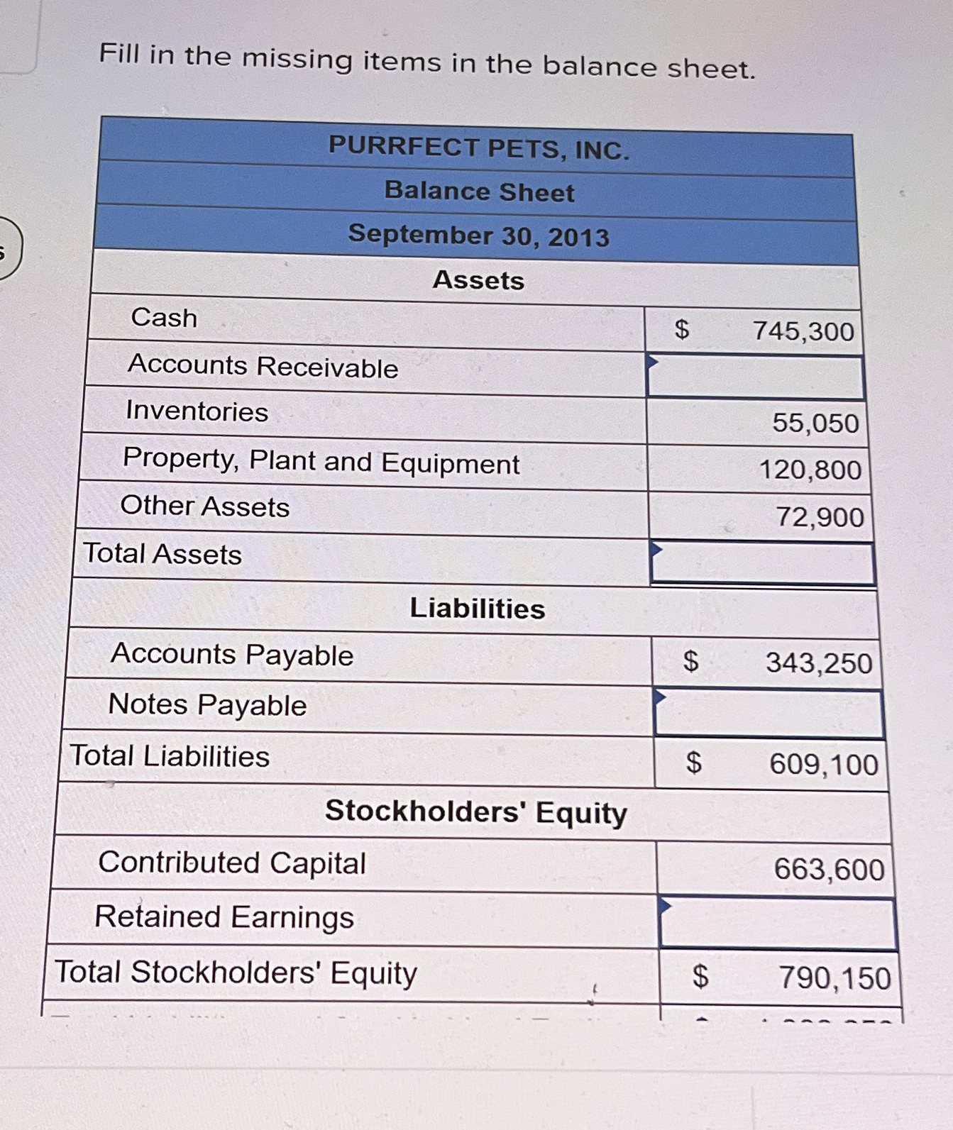  Fill in the missing items in the balance sheet. \table[[PURRFECT PETS,