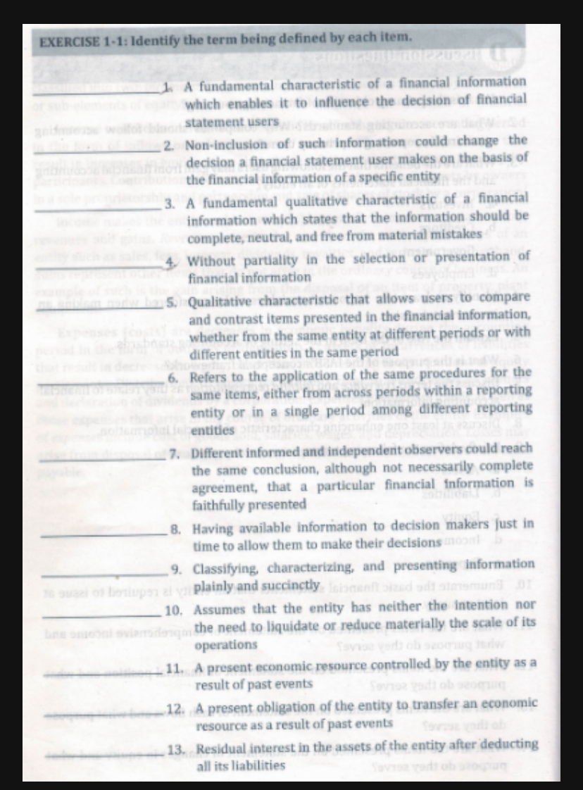  EXERCISE 1-1: Identify the term being defined by each item. i.