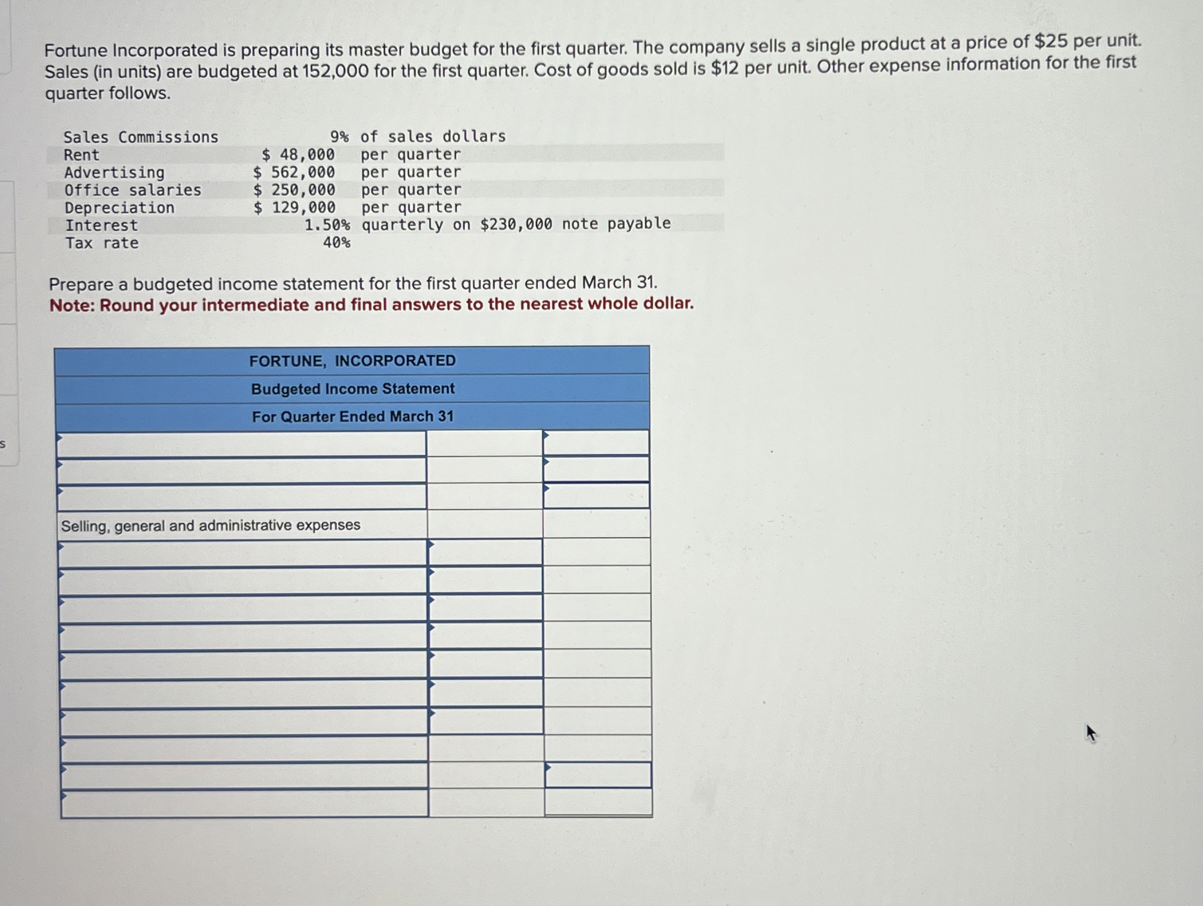  Fortune Incorporated is preparing its master budget for the first quarter.