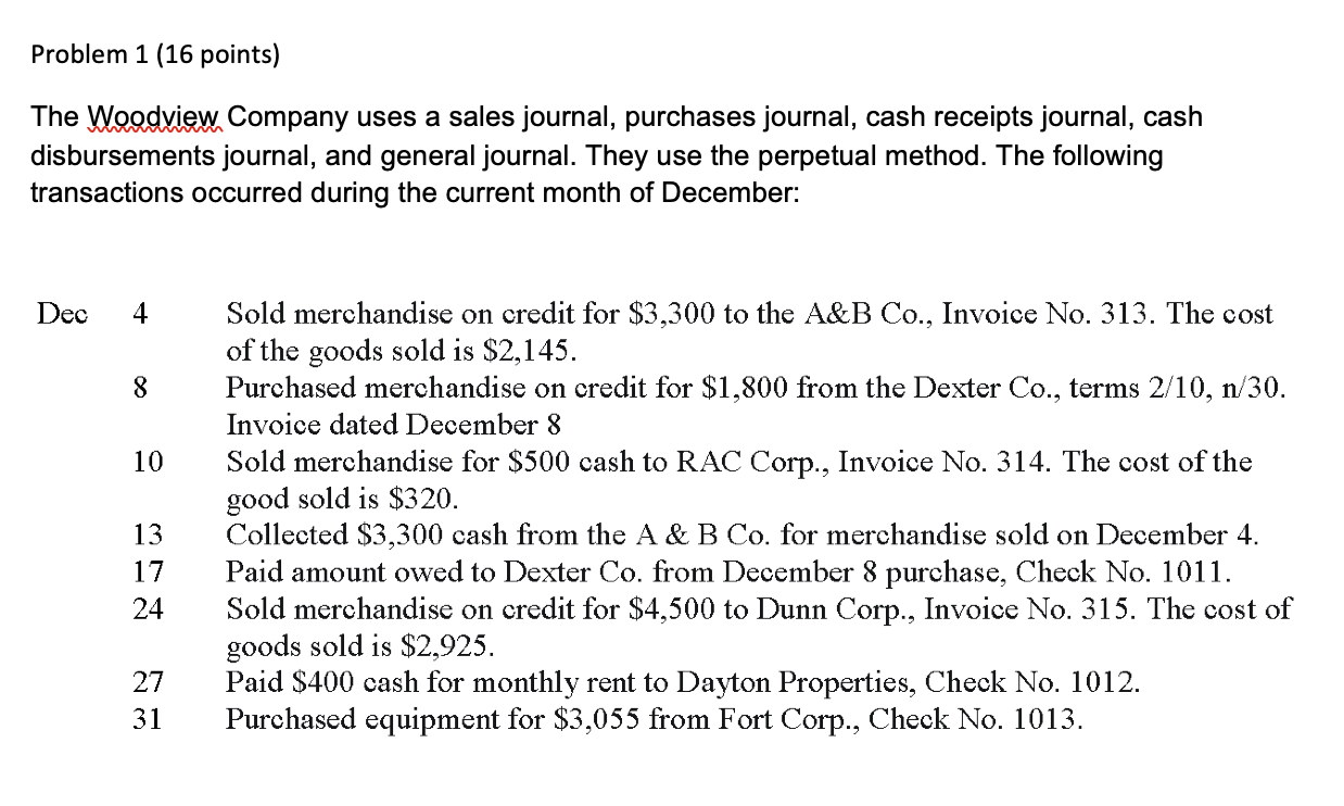  Problem 1(16 points) The Woodview Company uses a sales journal, purchases