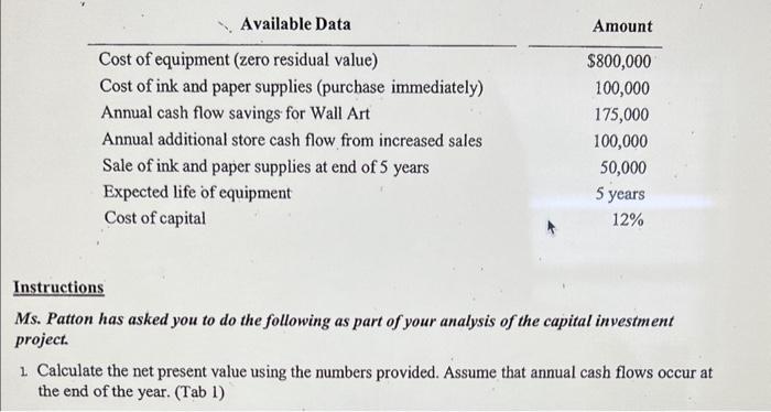 Calculate NPV using numbers provided. Instructions Ms. Patton has asked you to