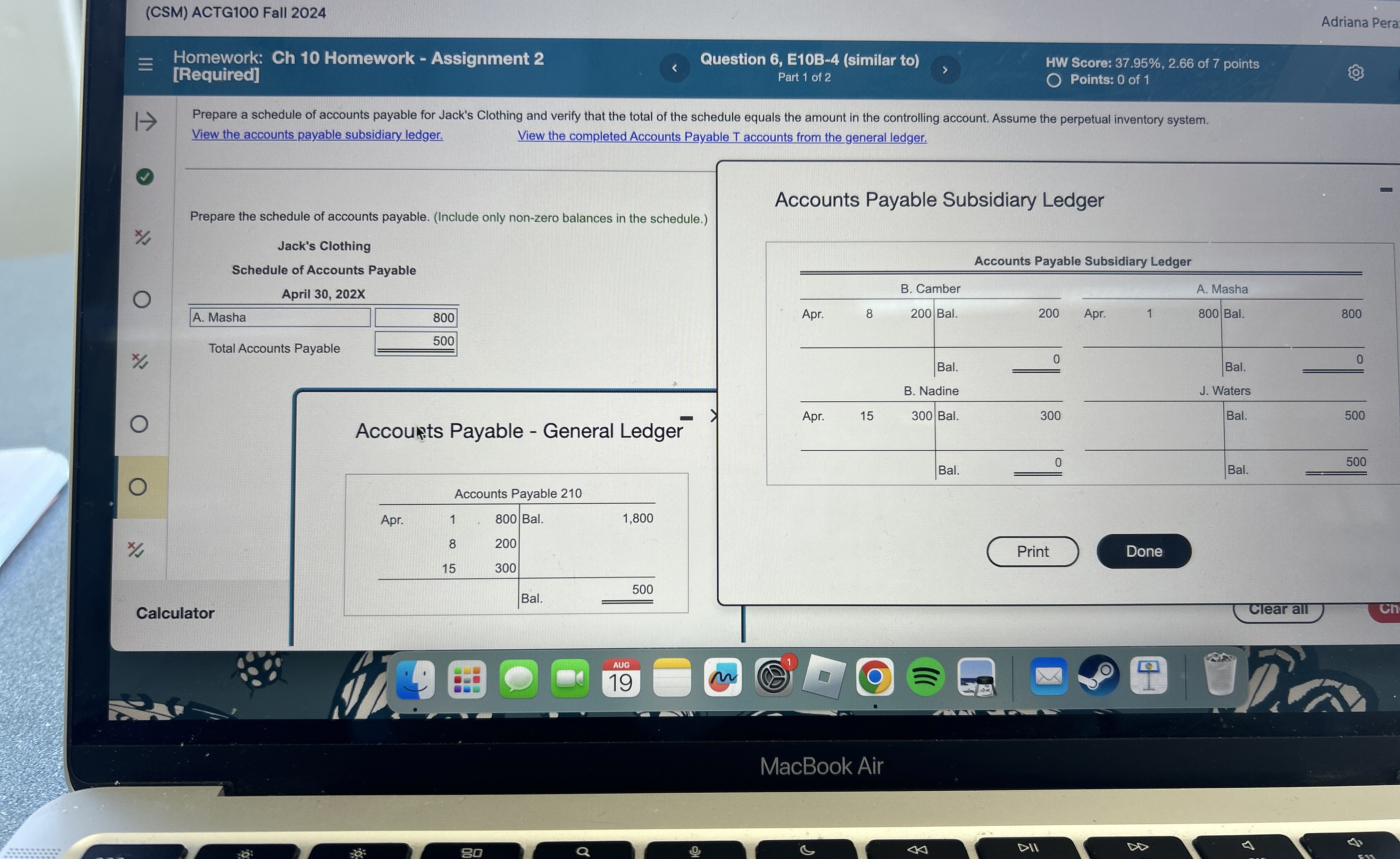  (CSM) ACTG100 Fall 2024 Adriana Pera Homework: Ch 10 Homework -