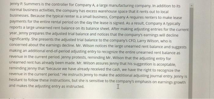 Help please!! Jenny P. Summers is the controller for Company A, a