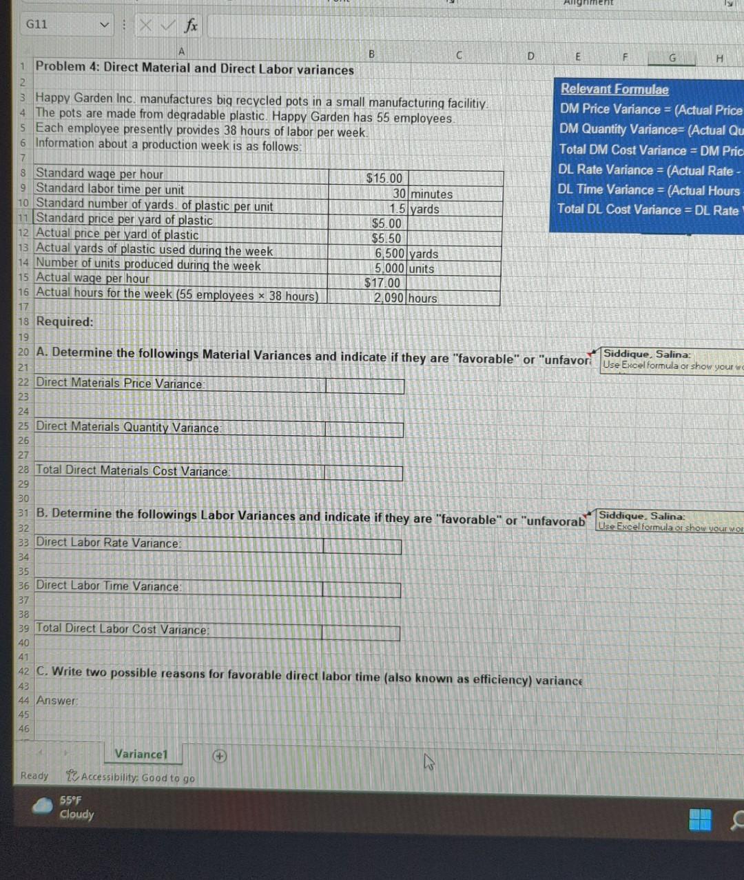 Excell formulas please G11 V X fx H A B D