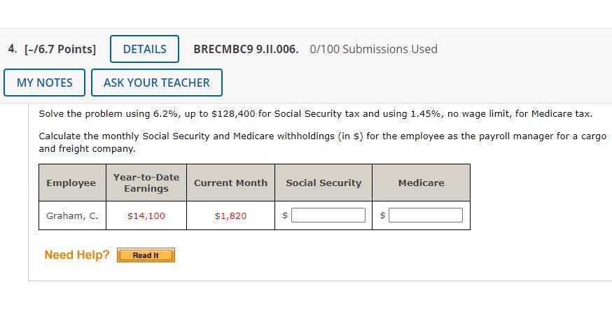  [-/6.7 Points] BRECMBC9 9.II.006. 0/100 Submissions Used Solve the problem using