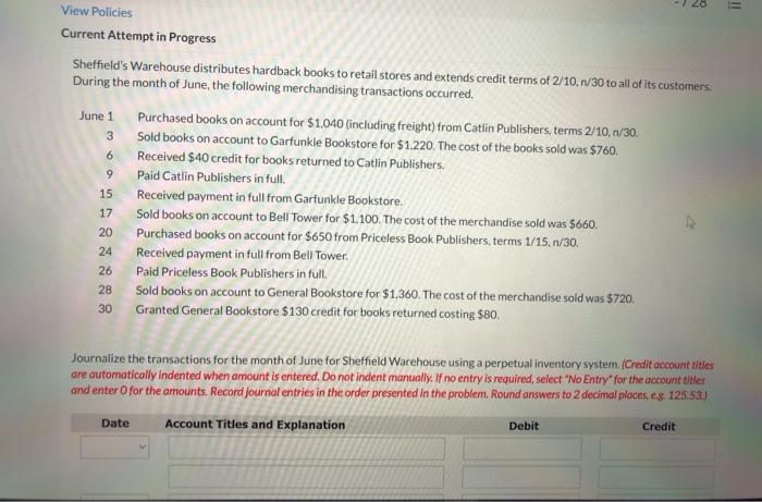 28 = 6 View Policies Current Attempt in Progress Sheffield's Warehouse