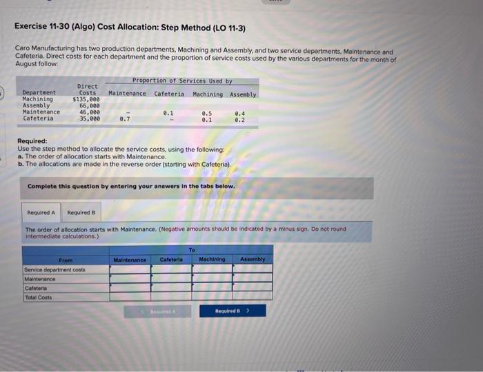  Exercise 11-30 (Algo) Cost Allocation: Step Method (LO 11-3) Caro Manufacturing