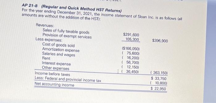  AP 21-8 (Regular and Quick Method HST Returns) For the year