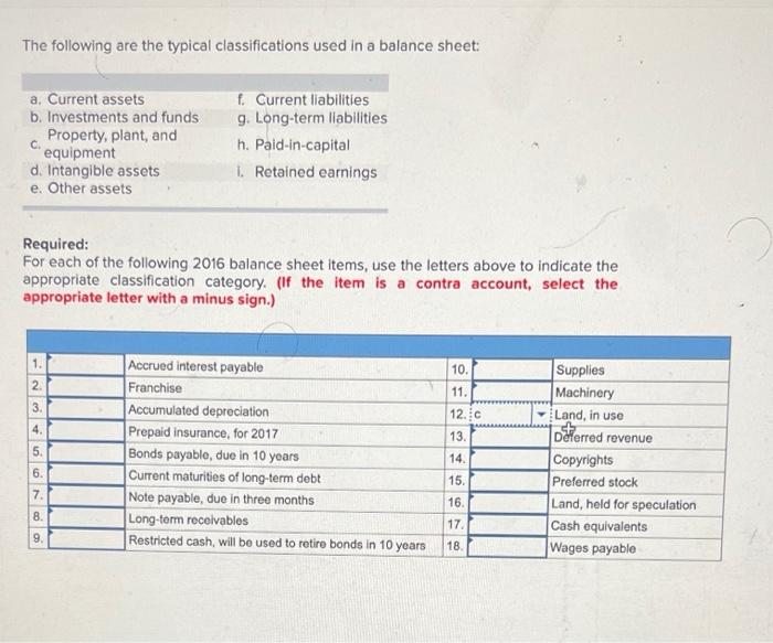 help please The following are the typical classifications used in a balance
