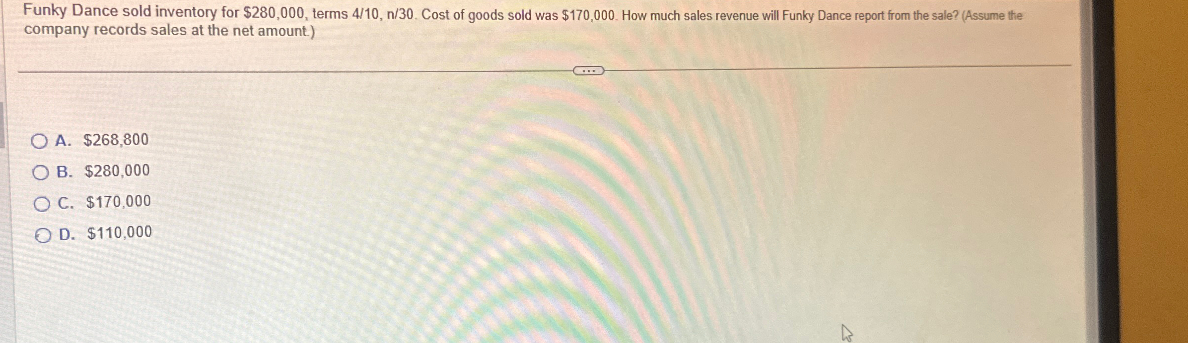  Funky Dance sold inventory for $280,000, terms 410,n30. Cost of goods