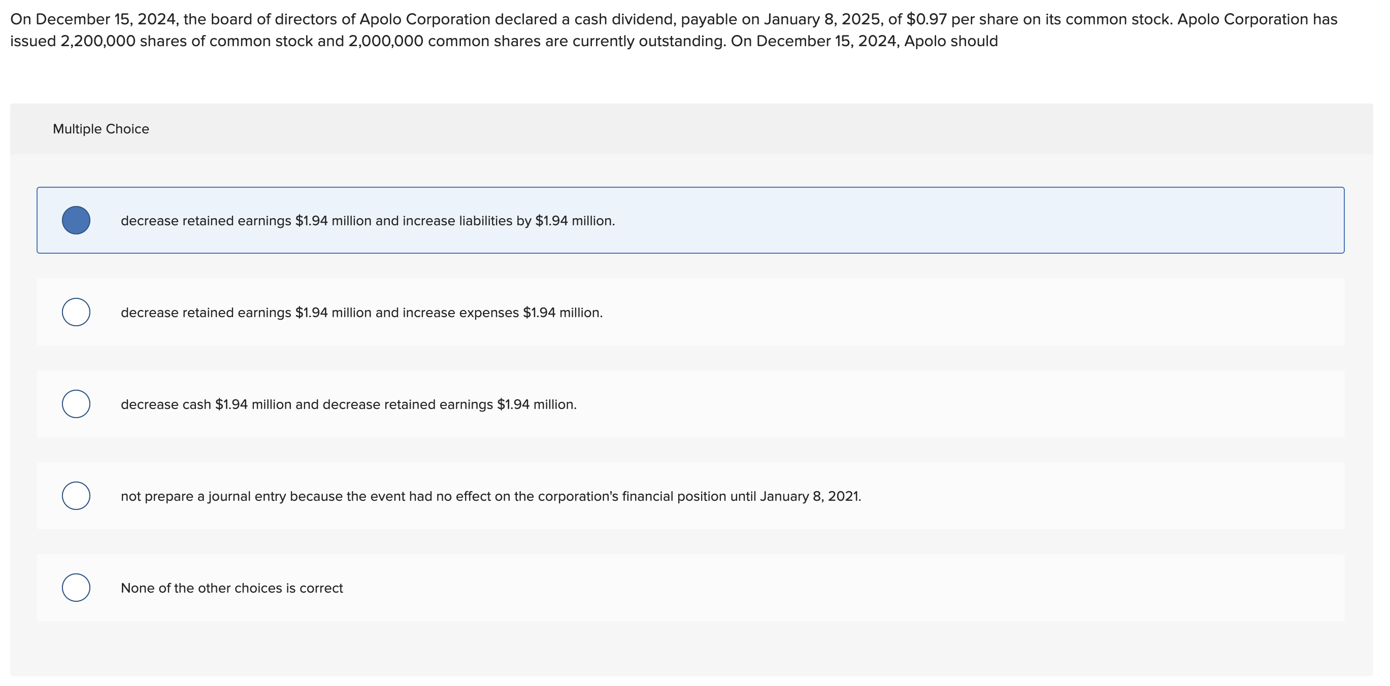  On December 15,2024, the board of directors of Apolo Corporation declared