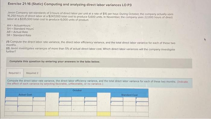  Exercise 21-16 (Static) Computing and analyzing direct labor variances LO P3