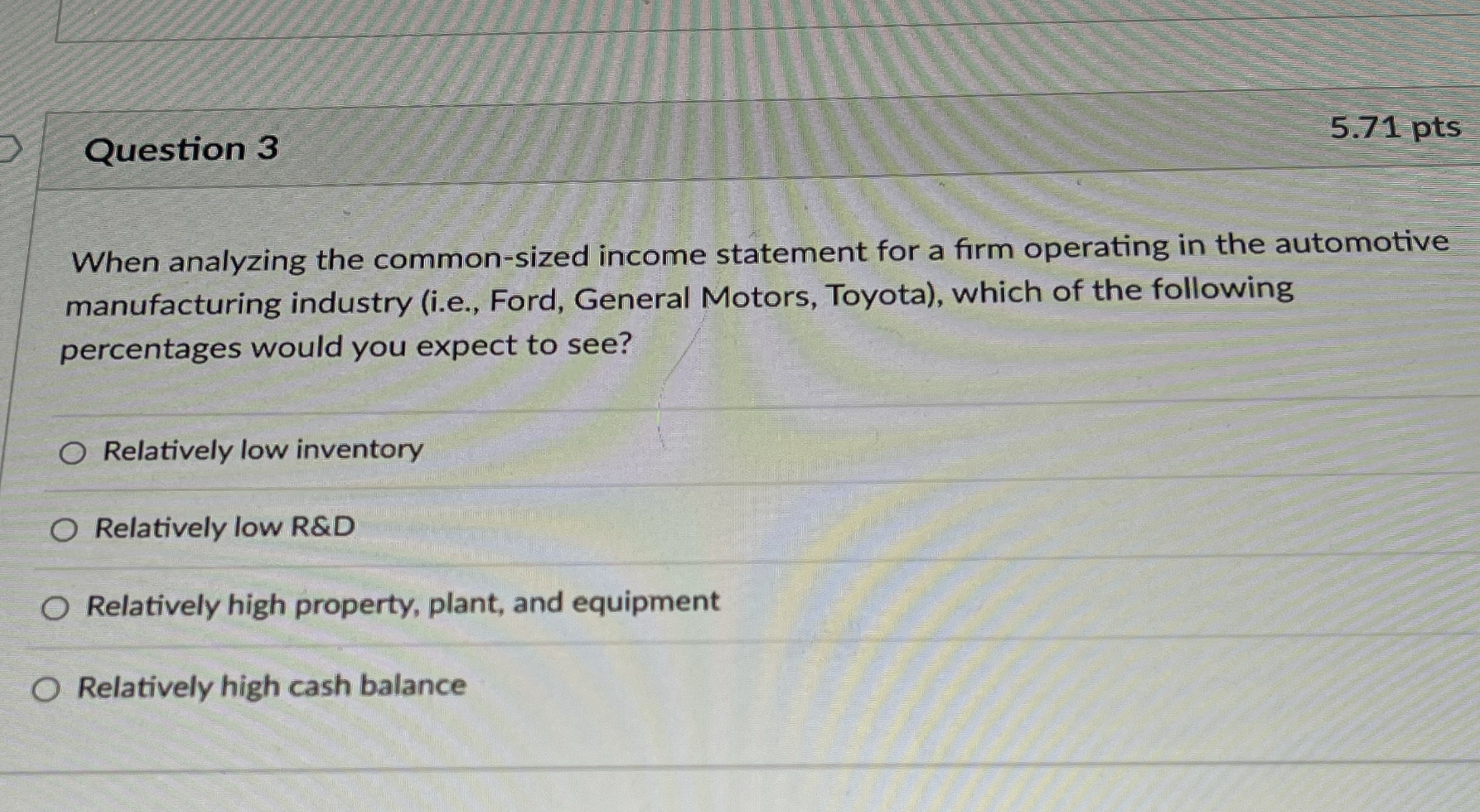  Question 3 5.71 pts When analyzing the common-sized income statement for