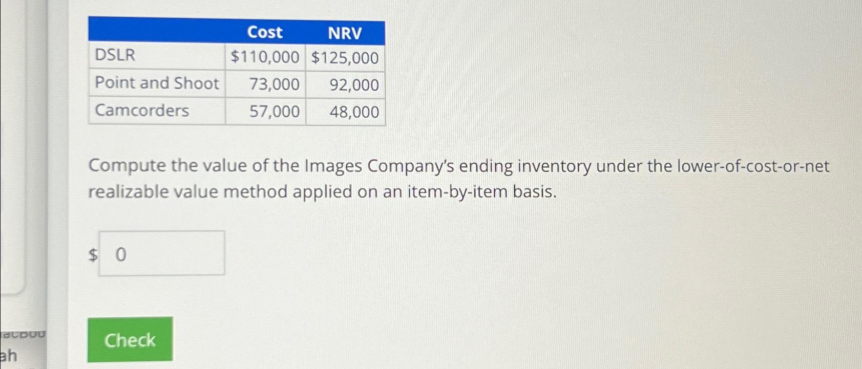  \table[[,Cost,NRV],[DSLR,$110,000,$125,000 